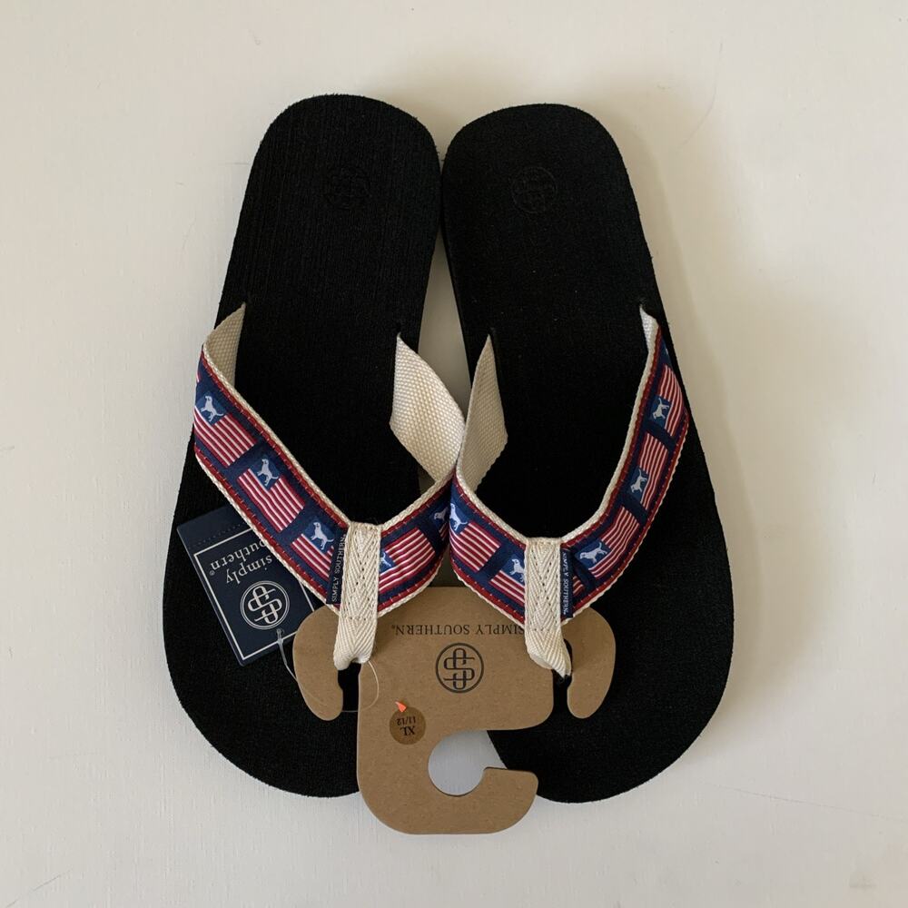 Simply Southern Men's Size XL 11/12 American Flag Dog Flip Flop Thong Sandals